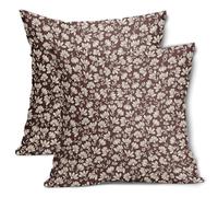 Lot de 2 housses de coussin décoratives vintage en coton et lin à imprimé de blocs de fleurs vintage pour canapé, porche, lit, coussin d'extérieur - Bordeaux beige - 50,8 x 50,8 cm