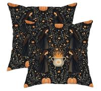 Lot de 2 housses de coussin d'Halloween avec motif sorcière noire et citrouille, pour décoration d'automne confortable et rustique pour canapé, lit, canapé, 55,9 x 55,9 cm