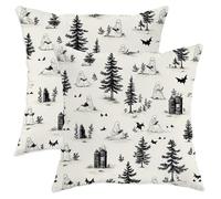Lot de 2 housses de coussin d'Halloween carrées décoratives effrayantes pour canapé, lit, 66 x 66 cm - Imprimé fantôme noir et chauve-souris