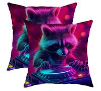 Lot de 2 housses de coussin DJ vibrantes en forme de raton laveur pour maison, canapé, lit, canapé, coussin carré décoratif amusant pour la saison des fêtes, décoration de style fantaisie, 50,8 x 50,8