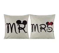 Lot de 2 housses de coussin en coton et lin durables avec inscription en anglais « Mr.» et « Mrs.» Cadeau de mariage, pour la Saint-Valentin - 45 x 45 cm