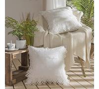 Lot de 2 housses de coussin en jacquard blanc 55 x 55 cm, style français avec bordure en dentelle brodée de roses, taies d'oreiller décoratives en coton et soie avec fermeture éclair dissimulée pour
