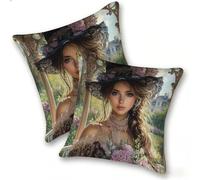 Lot de 2 Housses de Coussin en Lin 35x35cm Taies d'oreiller Carrées Décoratives Douces, Canapé Salon Chambre à Coucher Lit Maison, Style Moderne Décoration Intérieur Extérieur, Femme Classique, C-684