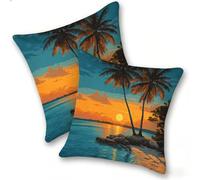 Lot de 2 Housses de Coussin en Lin 40x40cm Taies d'oreiller Carrées Décoratives Douces, Canapé Salon Chambre Coucher Maison, Style Moderne Décoration Extérieur, Lever De Soleil Coco Tree, C-950