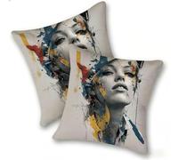 Lot de 2 Housses de Coussin en Lin 40x40cm Taies d'oreiller Carrées Décoratives Douces pour Canapé Salon Chambre à Coucher Lit Maison, Style Moderne Décoration Intérieur Extérieur, Visage Coloré, C-79