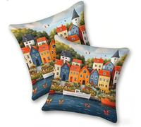 Lot de 2 Housses de Coussin en Lin 45x45cm Taies d'oreiller Carrées Décoratives Douces, Canapé Salon Chambre Coucher Maison, Style Moderne Décoration Intérieur Extérieur, La Marina De La Ville, C-105