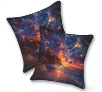 Lot de 2 Housses de Coussin en Lin 55x55cm Taies d'oreiller Carrées Décoratives Douces, Canapé Salon Chambre Coucher Maison, Style Moderne Décoration Extérieur, La Plage des éToiles Filantes, C-500