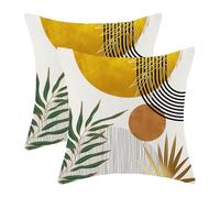Lot de 2 housses de coussin en lin de style bohème pour décoration d'extérieur et d'extérieur, motif feuilles tropicales du milieu du siècle, jaune moutarde, vert, 40,6 x 40,6 cm, jaune moutarde, vert