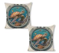 Lot de 2 Housses de Coussin en Lin Motif Tortue de mer et Poissons colorés nageant 45 x 45 cm, pour canapé, décoration de Ferme