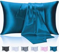 Lot de 2 housses de coussin en satin soyeux super doux pour cheveux et peau - Rectangulaires modernes et respirantes - Avec fermeture à rabat, bleu sarcelle - 40 x 60 cm