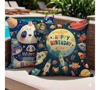 Lot de 2 Housses de Coussin Extérieur Imperméable 35x35 Bonheur - Lin Imprimé Double Face avec Fermeture Éclair Invisible - Faire la fête Coussin Decoratif pour Patio Jardin Banc Balcon Salon, #b849s