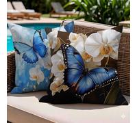 Lot de 2 Housses de Coussin Extérieur Imperméable 50 x 50 Bleu - Lin Imprimé Double Face avec Fermeture Éclair Invisible - Papillon Coussins Canapé pour Jardin Balcon Salon Décoration Maison, -#b768s
