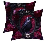 Lot de 2 housses de coussin gothiques avec tête de mort de corbeau et rose rouge foncé, décoration d'intérieur d'Halloween, pour canapé, lit, 30,5 x 30,5 cm