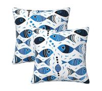 Lot de 2 housses de coussin imprimées de poissons bleus et noirs pour canapé et salon, 40 x 40 cm