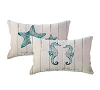 Lot de 2 housses de coussin lombaire à thème de l'océan estival - Grain de bois - Étoile de mer - Hippocampe - Avec citations nautiques et côtières - Décoration de maison de plage - 30,5 x 50,8 cm