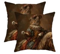 Lot de 2 housses de coussin médiévales avec motif chat cheval, art baroque marron - Décoration royale pour maison, canapé, lit, canapé, 45,7 x 45,7 cm