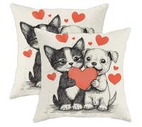 Lot de 2 housses de coussin motif chat et chien mignon, adorables housses de coussin sur le thème de l'amour pour la Saint-Valentin, décoration d'intérieur, style ludique pour canapé, lit, canapé