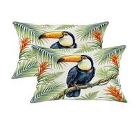 Lot de 2 housses de coussin toucan avec fermeture éclair dissimulée - Motif feuilles de palmier tropicales et fleurs de gingembre - Vert été - 50,8 x 30,5 cm