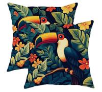 Lot de 2 housses de coussin toucan tropicales colorées avec oiseaux et fleurs, décoration d'intérieur vibrante pour l'été, le salon, le canapé, 61 x 61 cm