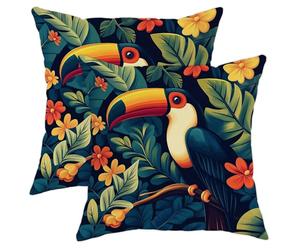 Lot de 2 housses de coussin toucan tropicales colorées avec oiseaux et fleurs, décoration d'intérieur vibrante pour l'été, le salon, le canapé, 40,6 x 40,6 cm