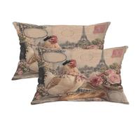 Lot de 2 housses de coussin vintage avec fermeture éclair dissimulée pour décoration de maison, chambre à coucher, salon, canapé, canapé - Motif Tour de Paris française et roses pastel 50,8 x 30,5 cm