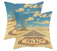 Lot de 2 housses de coussin vintage avec motif d'autoroute rustique, motif route routière, décoration d'extérieur américaine, pour maison, canapé, lit, canapé, 66 x 66 cm, crème