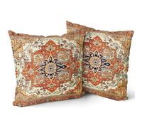 Lot de 2 housses de coussin vintage bohémiennes, motif aztèque orange brûlé, bleu marine, terre cuite, 40,6 x 40,6 cm, style tapis oriental, tapisserie ancienne, rustique, pour canapé, extérieur