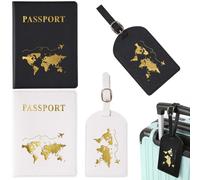 Lot de 2 Housses de Passeport en PU - Protection RFID, Ultra-légères, Waterproof, avec Étiquette "PASSPORT" et Carte du Monde, Idéal pour Voyage - Noir et Blanc