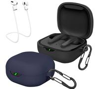 Lot de 2 housses de protection en silicone liquide pour JBL Vibe Flex / Wave Flex / Wave 300 TWS - Antichoc, compatible recharge sans fil - 2 lanières anti-perte + 2 mousquetons (noir & bleu)