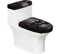 Lot de 2 housses de siège de toilette imprimées tête de mort cuivrée - avec couvercle de réservoir - Convient aux toilettes en forme de U ou étendues - Parfait pour une pendaison de crémaillère, un