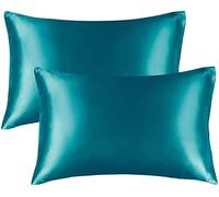 Lot de 2 housses d'oreiller en satin de soie de mûrier, doux et pur - pour cheveux et peau - avec fermeture à enveloppe (bleu sarcelle, standard / 50 x 75 cm)
