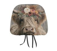 Lot de 2 housses élastiques et confortables pour appuie-tête de voiture avec motif de vache des Highlands portant une couronne florale pour homme et femme, compatible avec la plupart des voitures