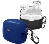 Lot de 2 housses en silicone compatibles JBL Tune Buds avec 2 mousquetons - étui ultra-fin anti-choc, protection contre poussière et rayures, noir et bleu foncé