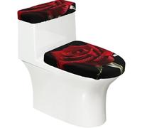 Lot de 2 housses pour abattant de WC avec fond noir et rose rouge, super doux et lavable