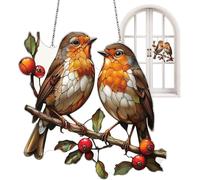 Lot de 2 images de fenêtre en acrylique avec deux rouges-gorges sur une branche - Style vitrail - 20 x 20 cm - Décoration murale pour jardin et intérieur - Marron