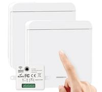 Lot de 2 interrupteurs sans fil pour lampe et 1 récepteur, interrupteur mural RF433 à 1 bouton, portée de 50 m, pas de câblage nécessaire, blanc