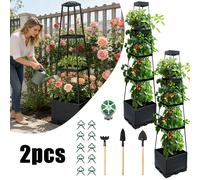 Lot de 2 jardinières 2-en-1 avec treillis de 140 cm pour plantes grimpantes, jardinière verticale surélevée à arrosage automatique, cadre de support amovible à 4 niveaux pour tomates, pois et fleurs, 