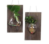 Lot de 2 Jardinières Murales en Verre à Suspendre avec Planche à Suspendre en Bois, Station de Propagation Murale, Vase de Terrarium pour Plantes Hydroponiques, (Vase Souris +