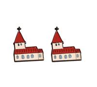 Lot de 2 jolies broches en forme de maison d'église, château de toit rouge, artisanat en alliage émaillé, souvenir de foi, décoration de vacances