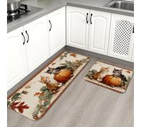 Lot de 2 jolis tapis de cuisine doux pour sol, motif chats citrouilles, style ferme, rembourré, confortable, lavable, antidérapant pour cuisine, évier, buanderie, salle de bain