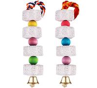Lot de 2 jouets à mâcher pour perroquet, bec d'oiseau, clochette, bloc de lave et calcium - Complément alimentaire pour les gris africains, les conures d'éclectus d'Amazonie