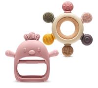 Lot de 2 jouets de dentition de Pâques pour bébé de 3 à 6 à 12 mois, moufle de dentition et anneau de dentition en silicone sans BPA, jouets de dentition sensoriels pour soulager la dentition, panier