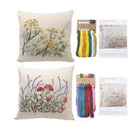 Lot de 2 kits de taies d'oreiller à broder comprenant une housse de coussin avec grands dessins et fermeture éclair, des fils, des aiguilles et des kits d'instructions pour l'artisanat en dentelle