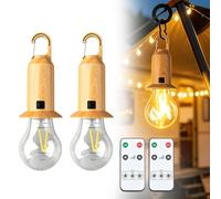 Lot de 2 lampes de camping LED rechargeables : lampe de camping sphérique LED couleur bois, télécommande, lanterne de camping rechargeable, triple minuterie, pour une utilisation en extérieur