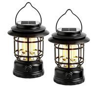 Lot de 2 lampes de camping LED solaires à intensité variable en continu - Rechargeable par USB - Rétro LED - Lanterne de camping chaude - Batterie - Lampe de tente portable IPX4 pour urgence, tente