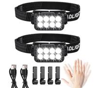 Lot de 2 lampes frontales LED rechargeables avec capteur d'ondes manuelles, 5 modes, y compris flash et SOS, bandeau réglable, charge de type C, résistant à la poussière et à l'eau pour le travail en