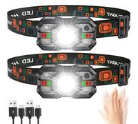 Lot de 2 lampes frontales LED rechargeables, super lumineuses de 2000 lm, autonomie de 20 heures, 5 modes, lampe frontale réglable avec détecteur de mouvement, phare étanche avec lumière rouge pour le