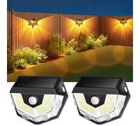 Lot de 2 lampes solaires d'extérieur avec détecteur de mouvement, super lumineuses, 270°, 3 modes, IP65, étanche, avec lumière chaude et blanche, applique murale pour clôture, cour, jardin, mur