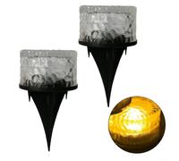 Lot de 2 lampes solaires en verre pour extérieur, allée, terrasse, cour et pelouse, IP65, résistant aux intempéries, fonctionnement automatique du crépuscule à l'aube, LED blanc chaud (lumière jaune)
