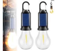 Lot de 2 lampes solaires LED de camping, ampoule de tente portable rechargeable pour camping, intérieur et extérieur avec crochet, lumière tungstène étanche pour randonnée, panne d'urgence, urgences